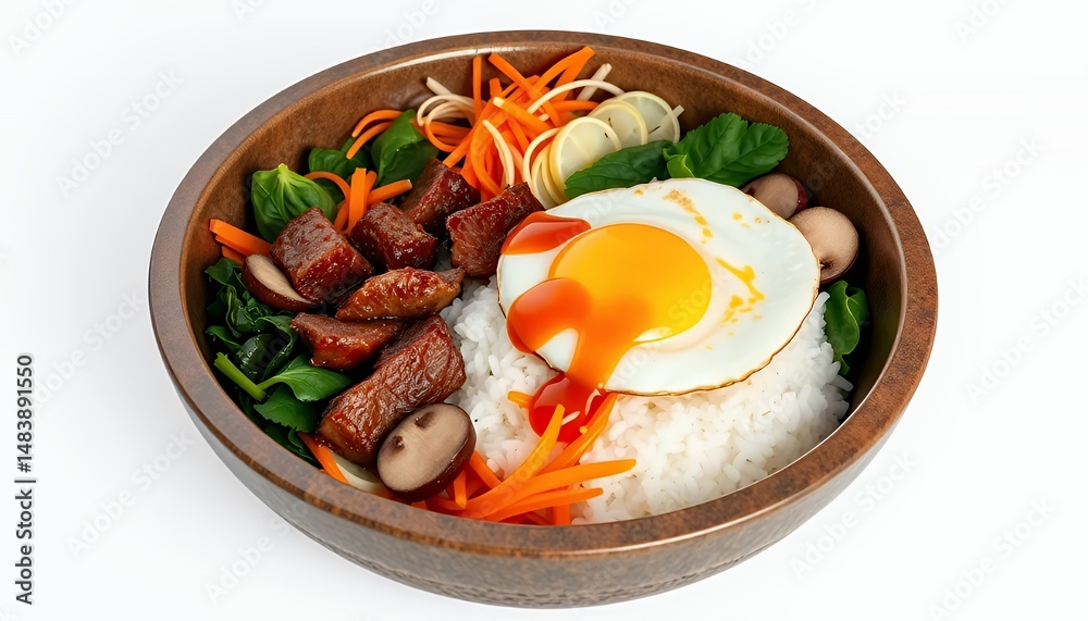 Vibrant Bibimbap Korean Rice Dish with Fried Egg on White Background