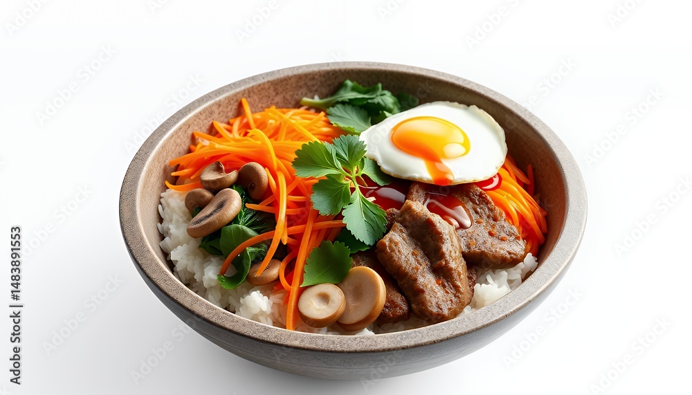 Vibrant Bibimbap 3D Render Featuring Rice Vegetables and Fried Egg Isolated on White