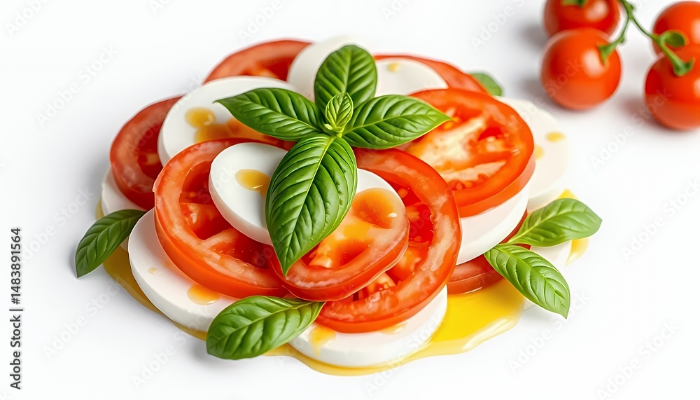 Vibrant Caprese Salad with Mozzarella Tomatoes and Basil on White Background