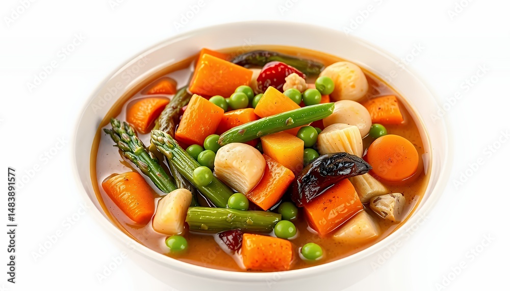 Vibrant Cazuela de Verduras Vegetable Stew in White Bowl Isolated on White Screen Background in 3D Render