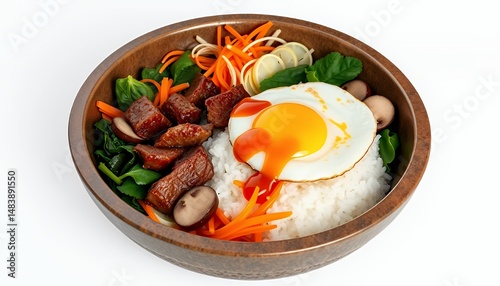 Obraz na płótnie Vibrant Bibimbap Korean Rice Dish with Fried Egg on White Background w salonie