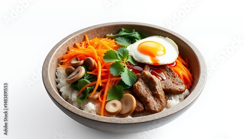 Obraz na płótnie Vibrant Bibimbap 3D Render Featuring Rice Vegetables and Fried Egg Isolated on White w salonie