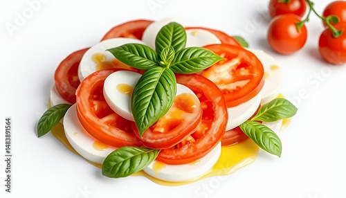 Obraz na płótnie Vibrant Caprese Salad with Mozzarella Tomatoes and Basil on White Background w salonie