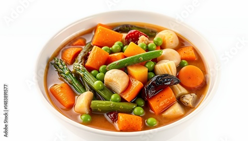 Obraz na płótnie Vibrant Cazuela de Verduras Vegetable Stew in White Bowl Isolated on White Screen Background in 3D Render w salonie