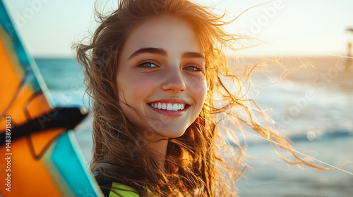 A lovely, happy female wearing kitesurfing gear and posing with a kite on the beach is a representation of an active woman and summertime sports. 