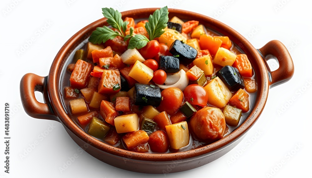 Vibrant Pisto Manchego Spanish Vegetable Stew in 3D Render Isolated on White Screen