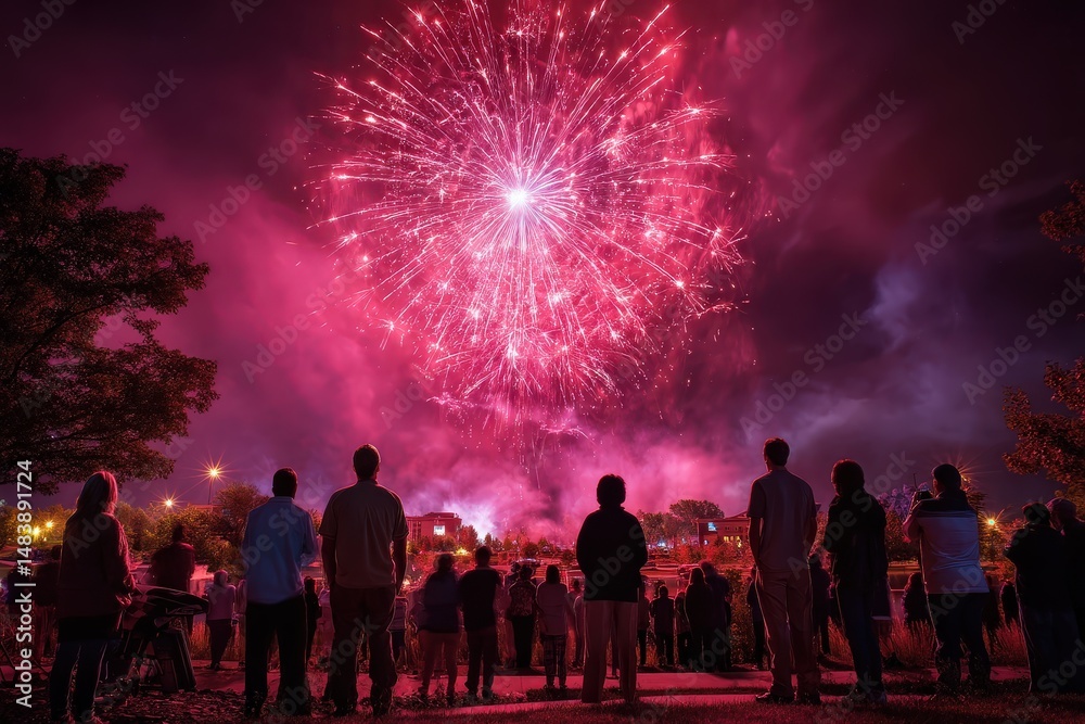 Fototapeta premium A diverse crowd watching vibrant fireworks at night.