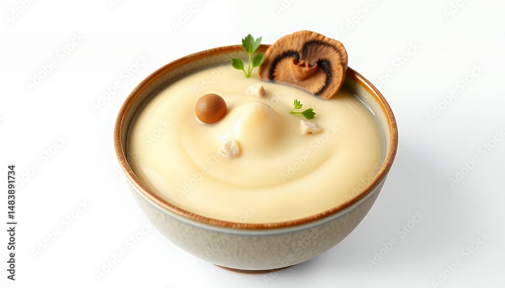 Vichyssoise Creamy Leek and Potato Soup Garnished with Mushrooms in Elegant Presentation Isolated on White Screen Background
