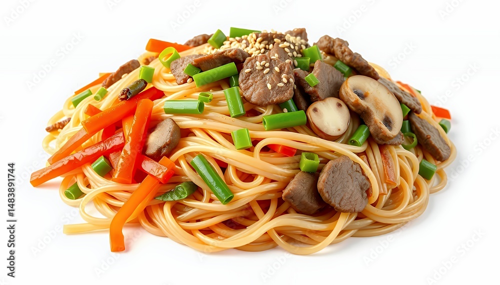 Vibrant Yakisoba Noodles with Beef and Vegetables Isolated on White Background in Detailed 3D Render