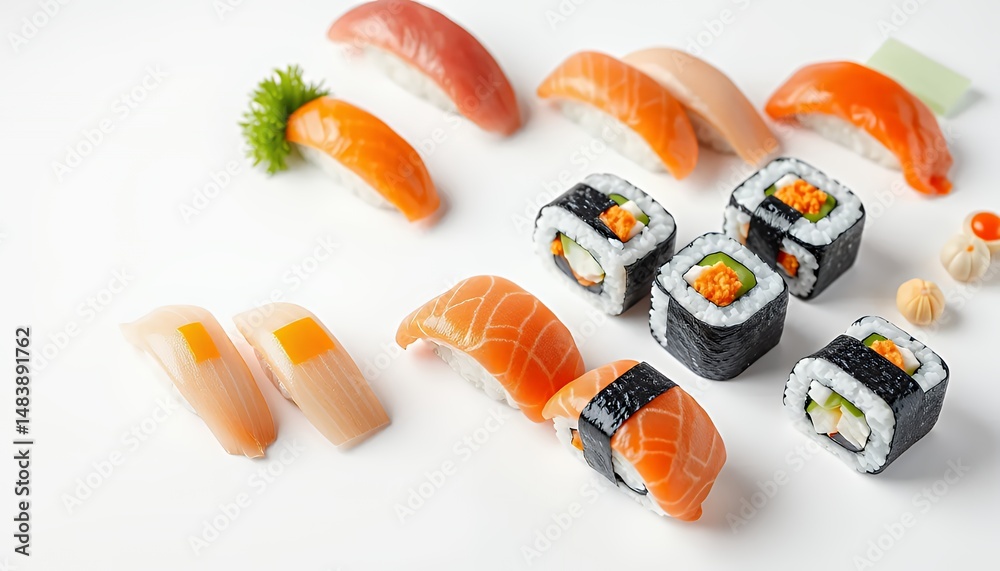 Vibrant Sushi Assortment Featuring Nigiri and Maki Isolated on White Background in 3D Render