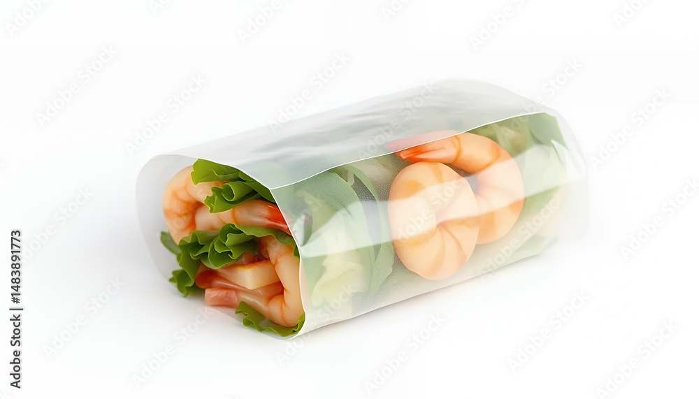 Vietnamese Goi Cuon Spring Roll with Shrimp Lettuce and Herbs Isolated on White Backdrop Fresh Ingredients in Transparent Wrapper Perfect for Healthy Eating and Culinary Projects