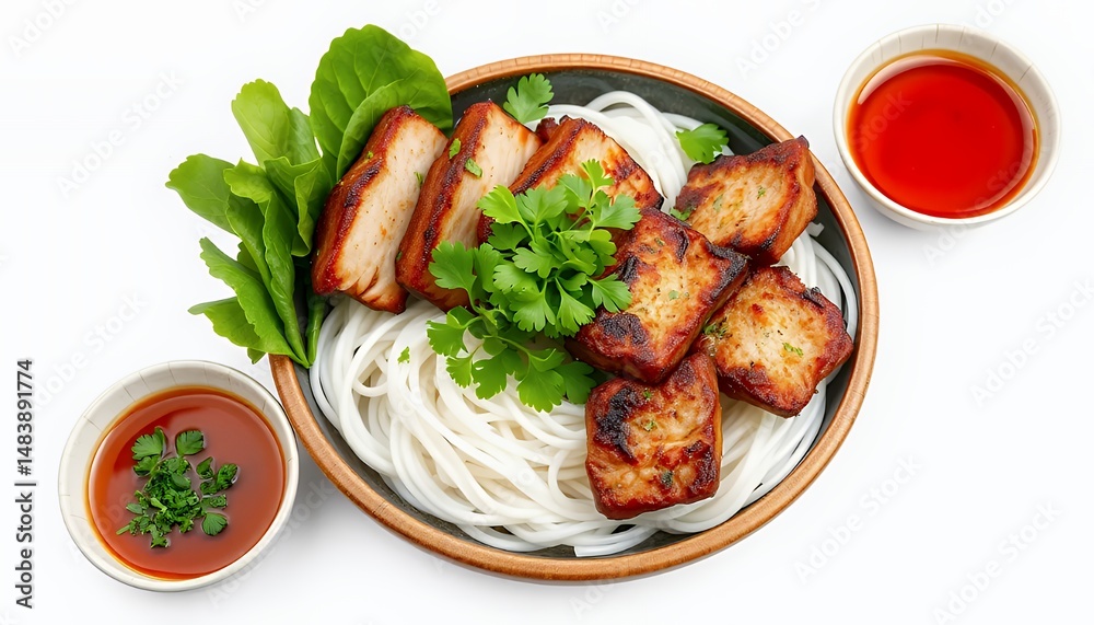 Vietnamese B?n Ch? Featuring Grilled Pork and Vermicelli Noodles Isolated on White Background A Culinary 3D Render