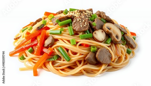Obraz na płótnie Vibrant Yakisoba Noodles with Beef and Vegetables Isolated on White Background in Detailed 3D Render w salonie