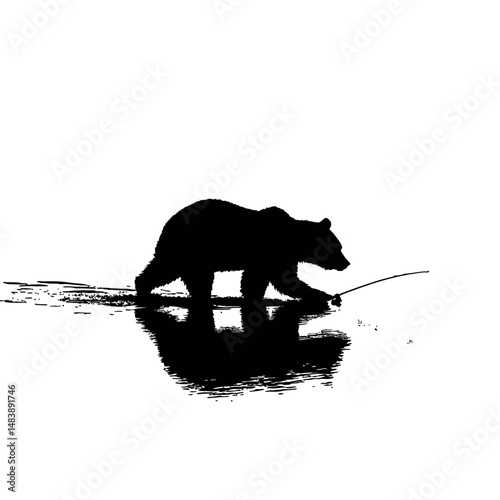 Solid black silhouette of a bear fishing