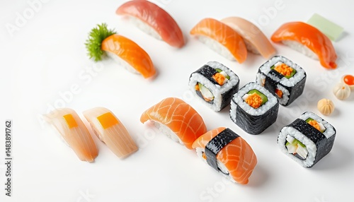 Obraz na płótnie Vibrant Sushi Assortment Featuring Nigiri and Maki Isolated on White Background in 3D Render w salonie