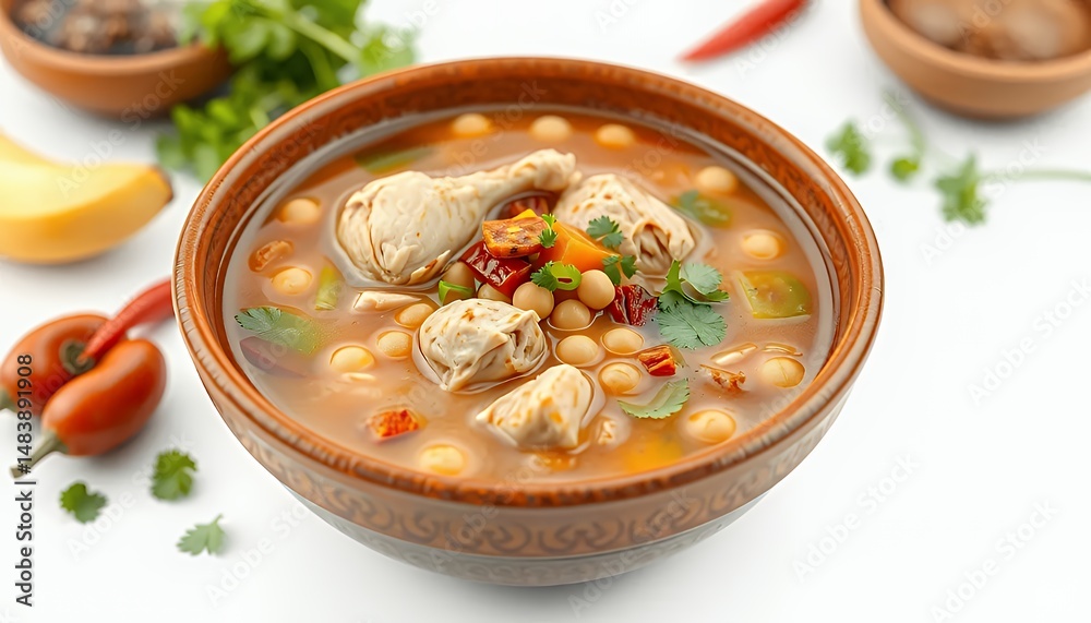 3D Render of Authentic Spanish Chickpea Stew Cocido Madrile?o in Brown Bowl Isolated on White