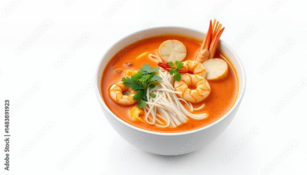 3D Render of Laksa Noodle Soup with Shrimp and Cilantro Isolated on White Background Showcasing Southeast Asian Cuisine in a Culinary Art