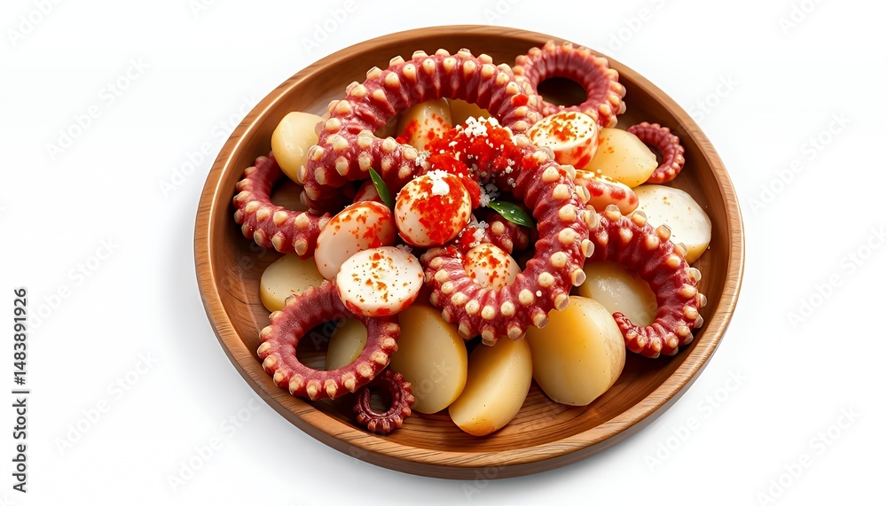 3D Render of Spanish Pulpo a la Gallega Dish with Octopus and Potatoes Isolated on White Background Displayed on Wooden Plate Drizzled with Olive Oil Garnished with Paprika and Herbs
