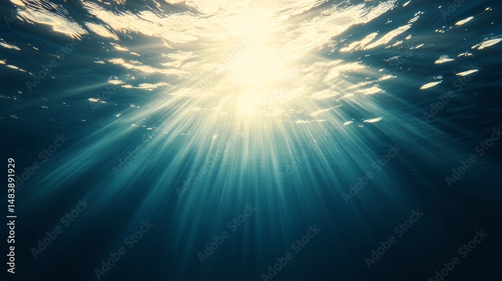 Fototapeta premium Sunlight shining through the water. The water is clear and blue. The sun is in the sky