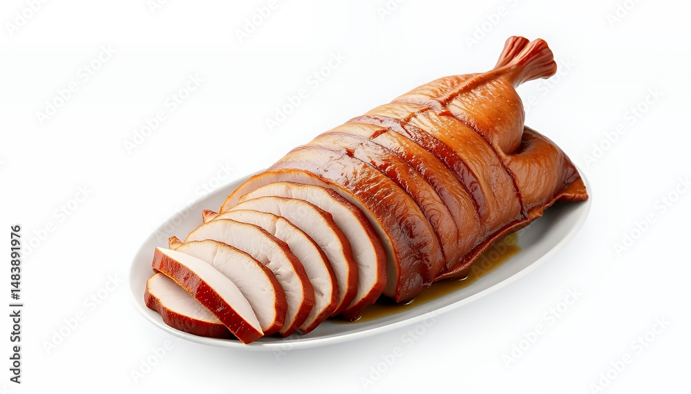 3D Render Sliced Peking Duck Beijing Kaoya with Glistening Caramelized Skin on a White Plate Isolated on White Background