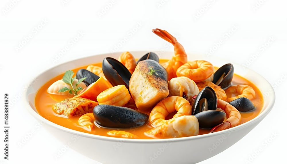 Bouillabaisse Rich Seafood Stew with Orange Broth Isolated on White Background Detailed 3D Render Food Isolated