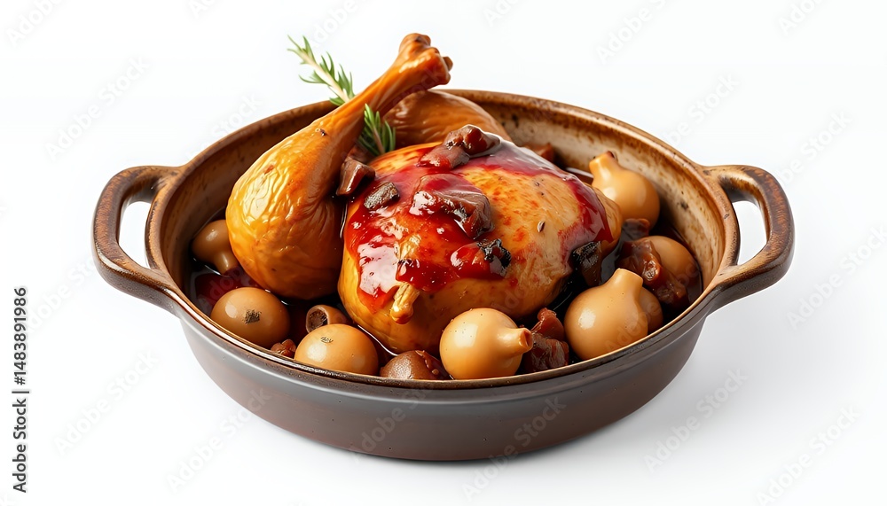 Classic Coq au Vin 3D Render with Golden Chicken in Red Wine Sauce Surrounded by Onions and Mushrooms Isolated on White Background