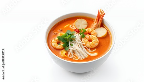 Obraz na płótnie 3D Render of Laksa Noodle Soup with Shrimp and Cilantro Isolated on White Background Showcasing Southeast Asian Cuisine in a Culinary Art w salonie
