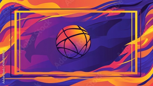 A colorful background with a basketball in the center. The basketball is surrounded by a web of lines