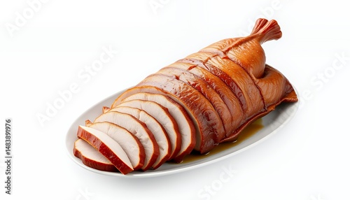 Obraz na płótnie 3D Render Sliced Peking Duck Beijing Kaoya with Glistening Caramelized Skin on a White Plate Isolated on White Background w salonie