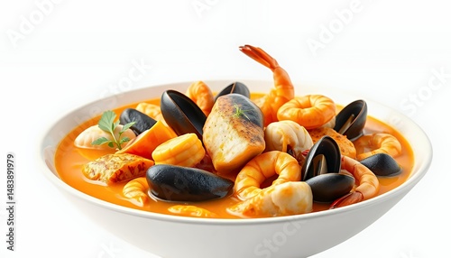 Obraz na płótnie Bouillabaisse Rich Seafood Stew with Orange Broth Isolated on White Background Detailed 3D Render Food Isolated w salonie