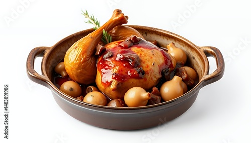 Obraz na płótnie Classic Coq au Vin 3D Render with Golden Chicken in Red Wine Sauce Surrounded by Onions and Mushrooms Isolated on White Background w salonie