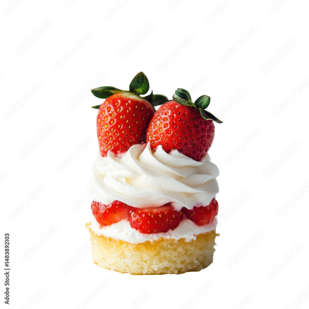 Delicious Strawberry Shortcake with Whipped Cream on Soft Sponge Base on transparent background Delicious Strawberry Shortcake with Whipped Cream on Soft Sponge Base on transparent background