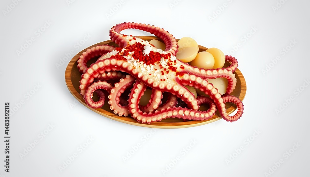 Exquisite Pulpo a la Gallega 3D Render Featuring Boiled Octopus and Potatoes Isolated on White Background