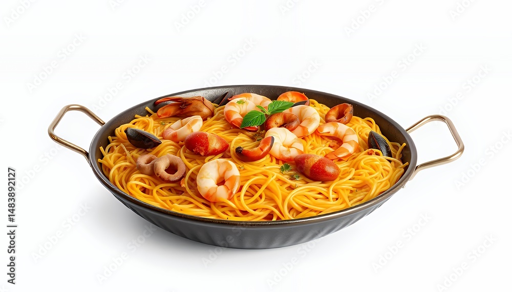 Fideu? Valenciana Seafood Noodle Dish with Prawns Mussels and Octopus in Detailed 3D Render Isolated on White Background
