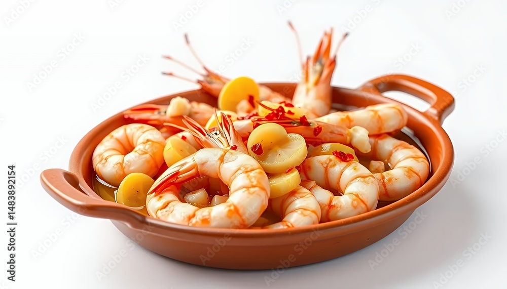 Gambas Al Ajillo Shrimp Dish in Terracotta Pot Isolated on White Background Featuring Garlic Olive Oil and 3D Render Style