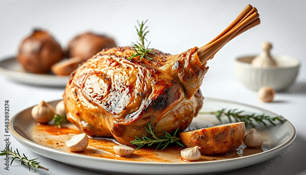 Glazed Roasted Turkey Leg with Rosemary and Garlic Isolated on White Background a Detailed 3D Render Food Still Life Perfect for Holiday Decoration Gourmet Cuisine and Festive Dishes