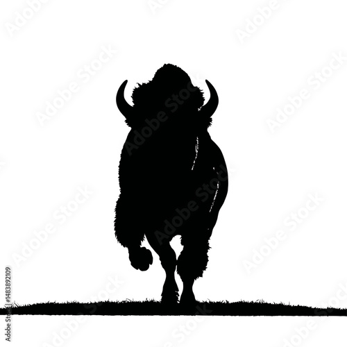 Solid black silhouette of a bison charging