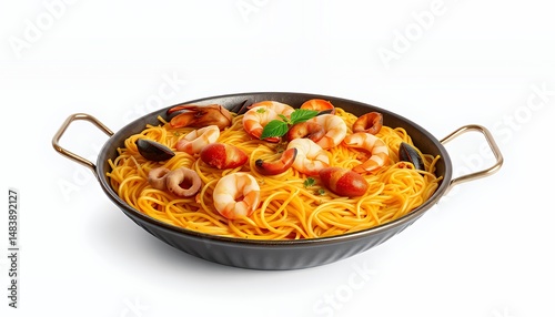 Obraz na płótnie Fideu? Valenciana Seafood Noodle Dish with Prawns Mussels and Octopus in Detailed 3D Render Isolated on White Background w salonie