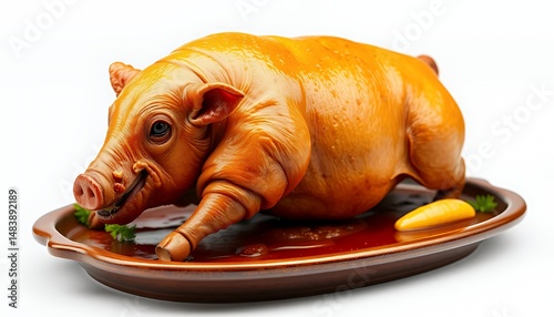 Golden Brown Lechon Baboy 3D Render Isolated on White Screen Showcasing Crispy Skin and Traditional Filipino Cuisine