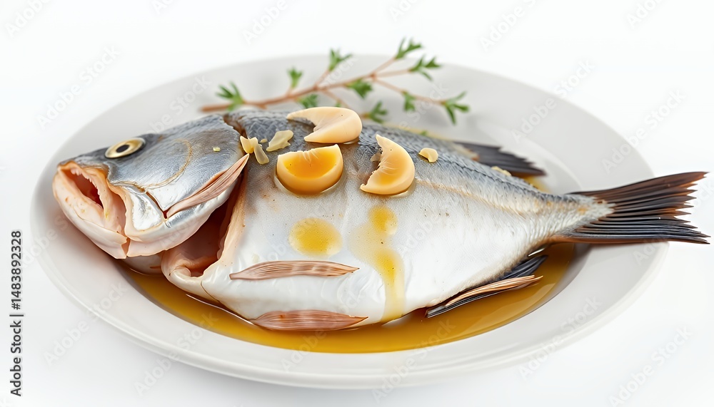Lavraki Dorade Gilt Head Bream on Plate Isolated on White Background Featuring Garlic Slices Parsley and Drizzled Sauce a Mouthwatering 3D Render for Mediterranean Cuisine Enthusiasts