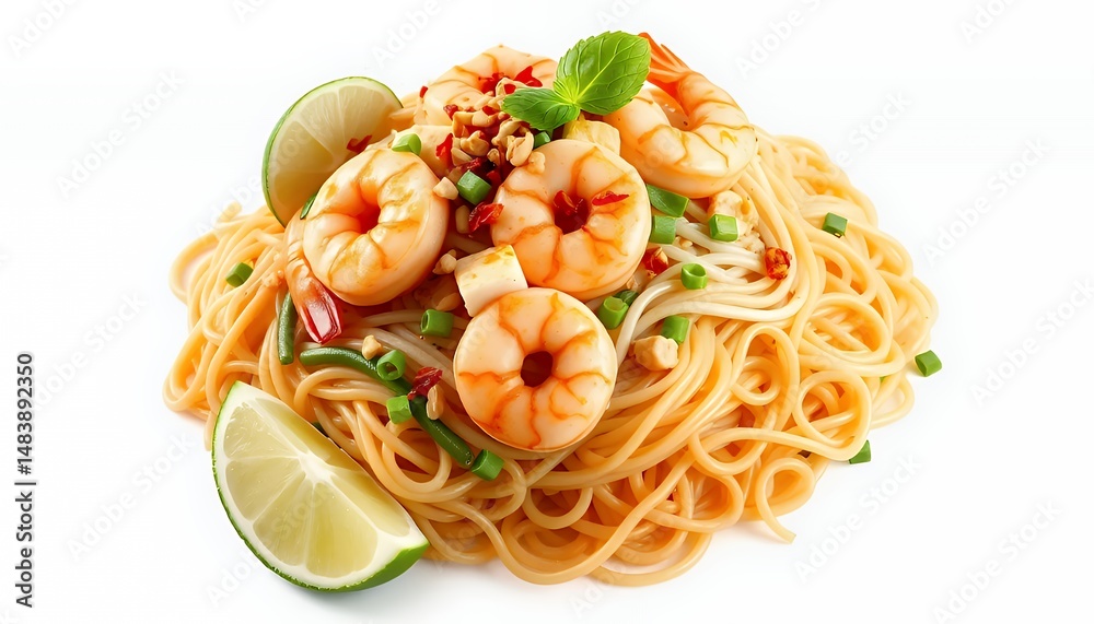 Pad Thai Thai Stir Fried Noodle Dish with Shrimp and Peanuts Isolated on White