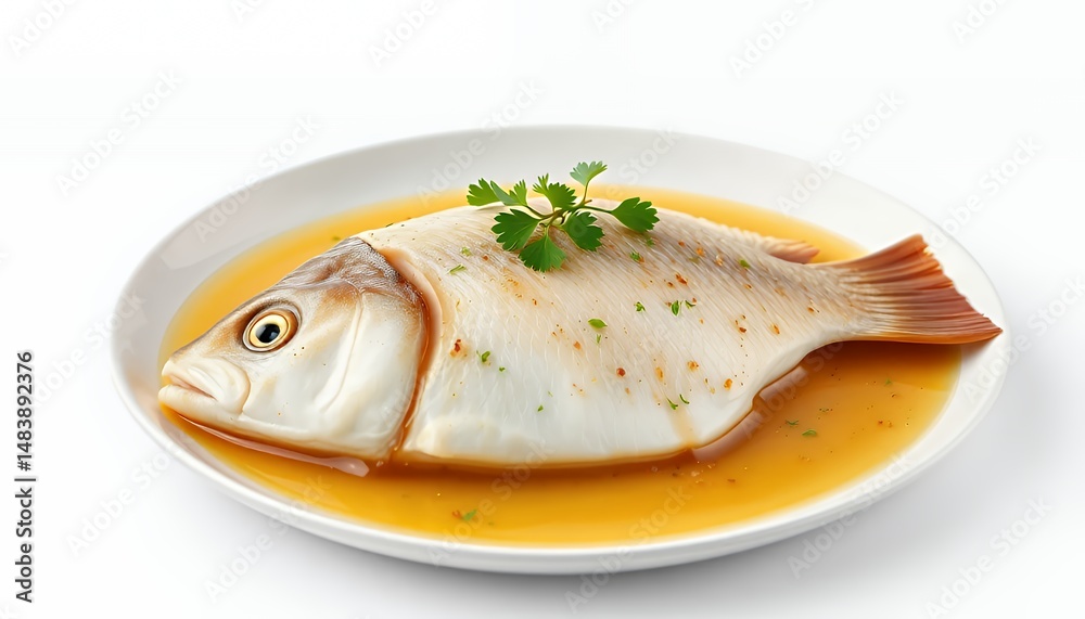 Pla Nueng Manow Steamed Fish in Spicy Lime Sauce on White Background