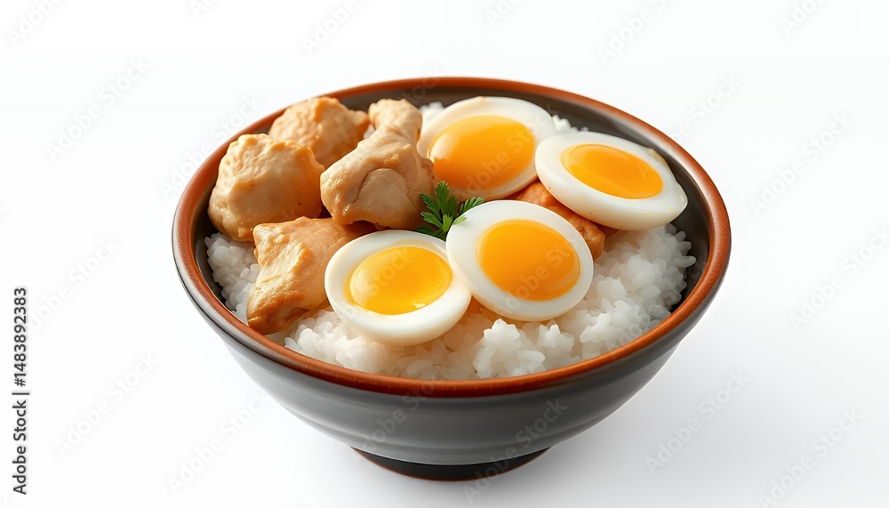 Oyakodon Rice Bowl 3D Render with Chicken and Egg Isolated on White Background