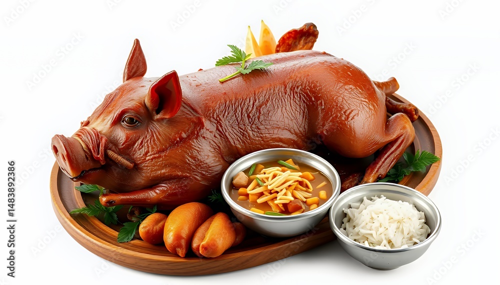 Lechon Whole Roasted Pig from The Philippines on Wooden Platter Isolated on White Background a 3D Render Model and Rich Brown Skin Emphasizing Culinary Traditions