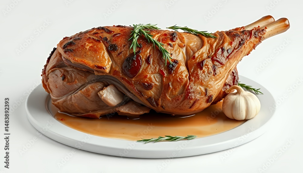 Roasted Leg of Lamb Garnished with Herbs and Garlic on White Plate Isolated on White Background Delicious Culinary Masterpiece