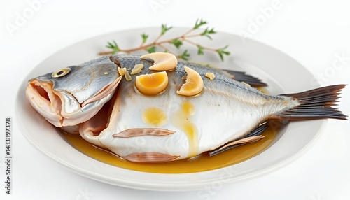 Obraz na płótnie Lavraki Dorade Gilt Head Bream on Plate Isolated on White Background Featuring Garlic Slices Parsley and Drizzled Sauce a Mouthwatering 3D Render for Mediterranean Cuisine Enthusiasts w salonie