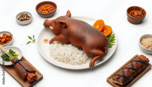 Lechon Baboy 3D Render with Rice and Filipino BBQ Isolated on White Background