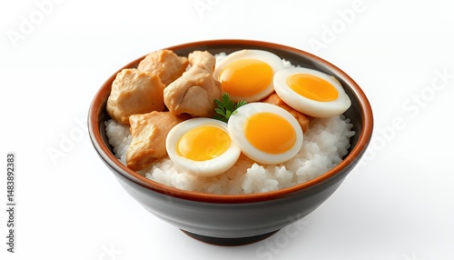 Oyakodon Rice Bowl 3D Render with Chicken and Egg Isolated on White Background