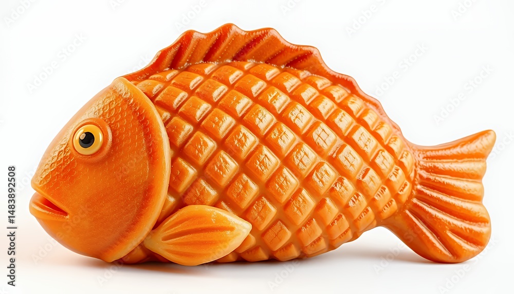 Vibrant Orange Taiyaki Fish Cake 3D Render Isolated on White Background Intricate Geometric Pattern Detailed Texture Japanese Dessert Sweet Treat Traditional Pastry Culinary Art