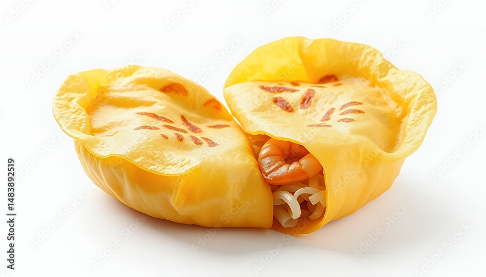 Vietnamese Banh Xeo Crepe Crispy Yellow Pancake with Shrimp and Rice Isolated on White Screen